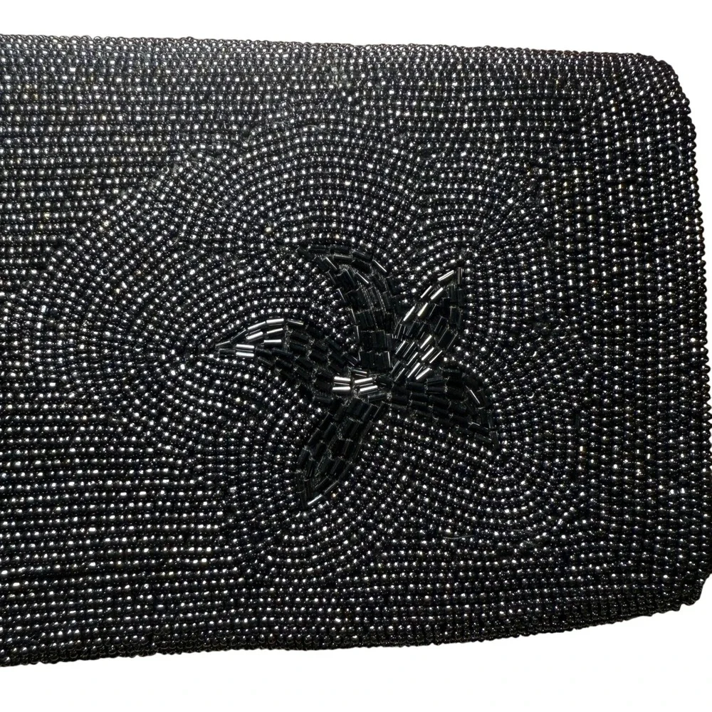 Vintage 50s/60s SchildKraut Japan Black Beaded Evening‎ Clutch Floral Bugle